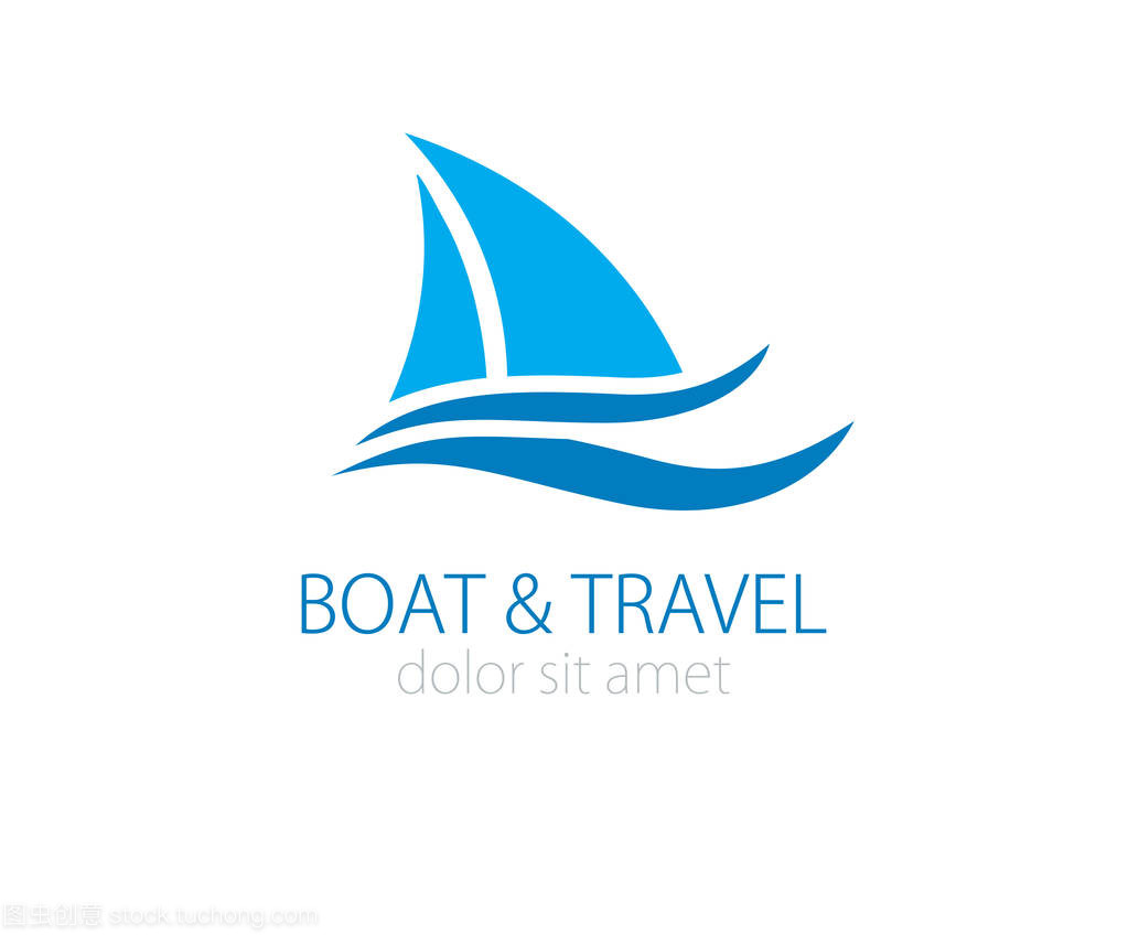 小蓝船和海浪标识。帆船俱乐部、短途旅行社或滨海游艇标志